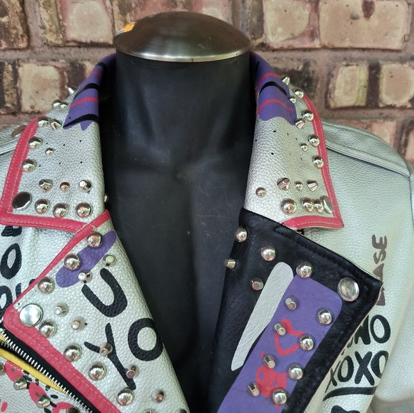 Robert Phillipe Graphic Cropped Jacket Faux Leather Biker Rocker Studded XL - Picture 11 of 13